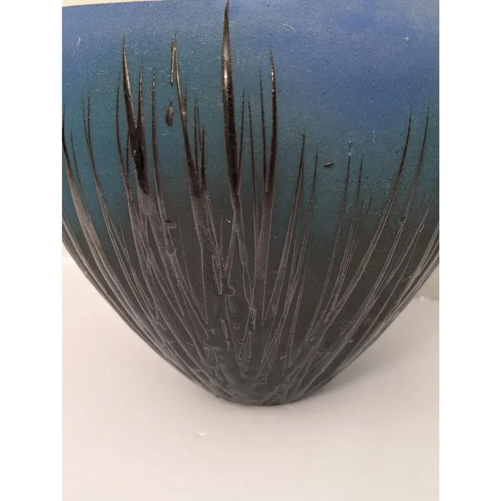 Modernist Studio Art Pottery Lidded Vessel Ombre Blue Sgraffito Grass Tall